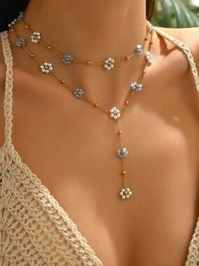 Blue Daisy y shape Necklace A1809